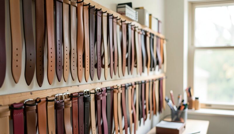Two rows of leather watch straps hanging from a wooden wall rail in tan, oxblood and brown, buckles and a jar of small tools visible at the right, side light from a sash window, shallow depth of field.