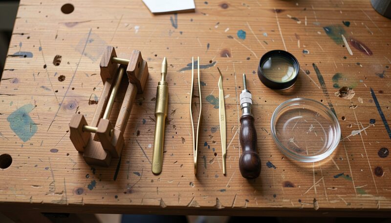 Watchmaker's hand tools laid out on a paint-stained wooden bench top: a wooden movement holder with brass rods, a brass screwdriver, two pairs of tweezers, a handled screwdriver, a black loupe and a glass dish.